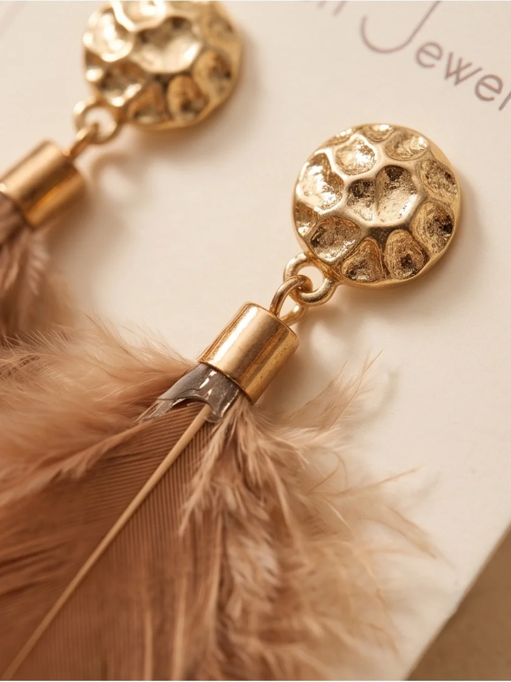 Gold-Tone Feather Drop Earrings - Tan Feathers